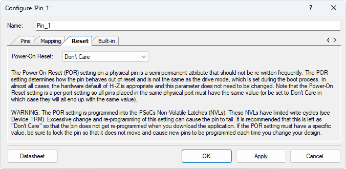 PSoCCreator PinConfigure Reset